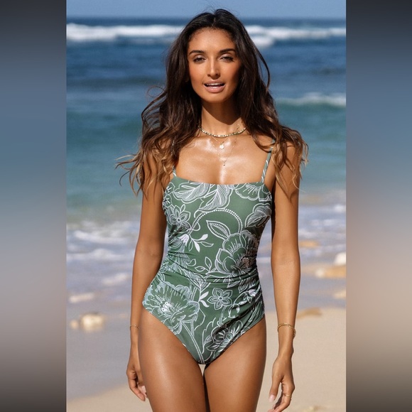 Sage Green Floral Print Shirred Cut Out One Piece Swimsuit - Picture 2 of 13